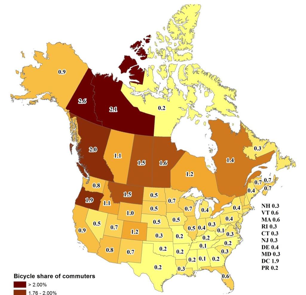 Bicycle Share of Work Commuters in the USA (2007) and Canada (2006)