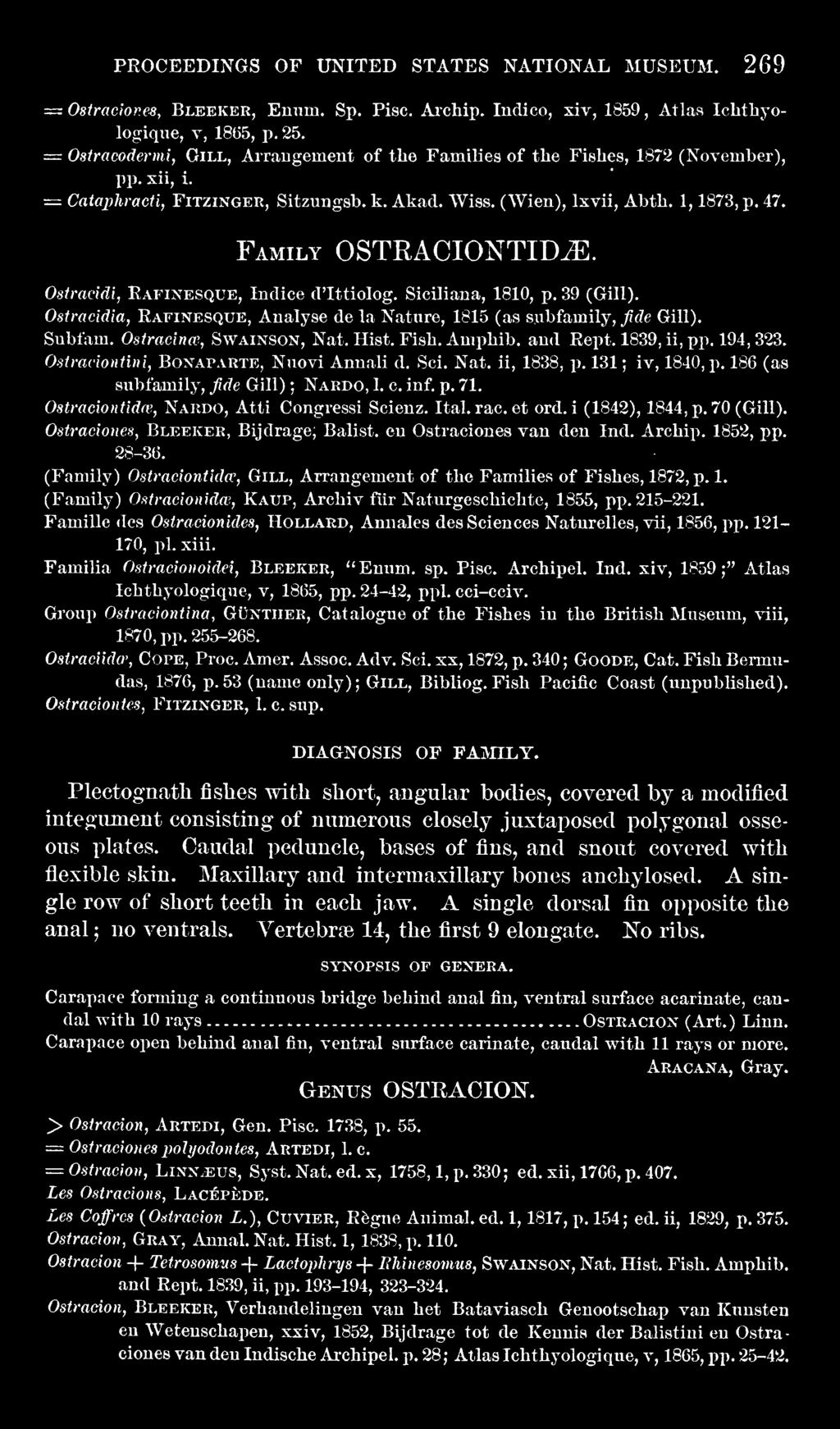 186 (as subfamily, fide Gill) ; Nardo, 1. c. inf. p. 71. Ostracmitidcv, Nardo, Atti Congressi Scienz. Ital. rac. et ord. i (1842), 1844, p. 70 (Gill). Ostraciones, Bleeker, Bijdrage; Balist.