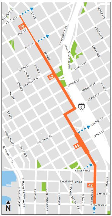 New northbound transit pathway on 5 th and 6 th Avenues Effective Date: March 23, 2019 Routes affected: 76, 77, 252, 257, 301, 308, 311, 316 Benefits: 4 th Avenue operates quicker and more