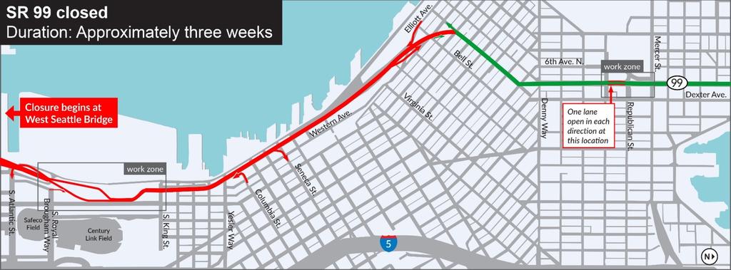 SR 99 closure and tunnel opening: get ready Scheduled to begin January 11, 2019 Duration: about three-weeks for SR 99 closure and up to three weeks of ramp closures Closing a highway adds more
