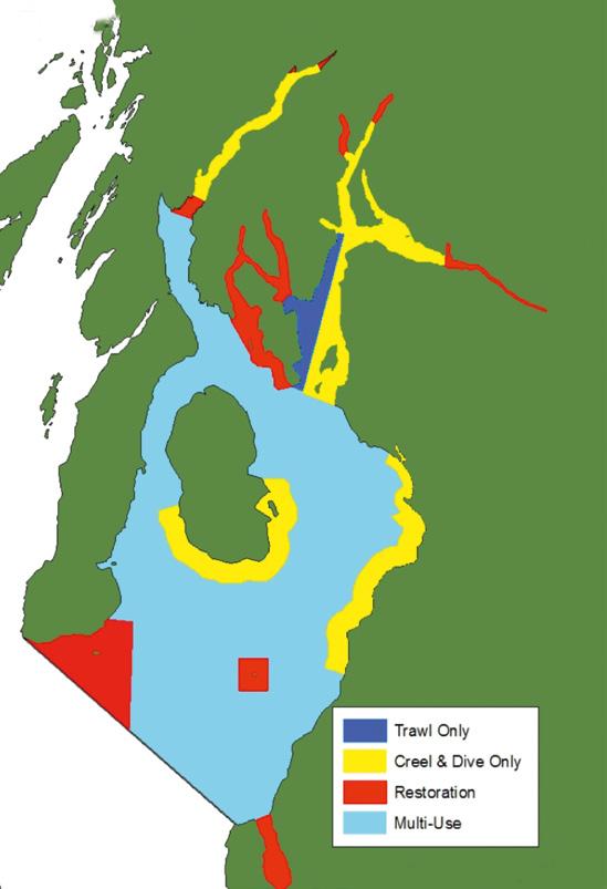 Figure 3 Scenario 1 Proposed spatial management The effect of the proposals is to ensure that 73% of the Firth remains open to prawn trawling, 71% of the Firth remains open to scallop dredging and