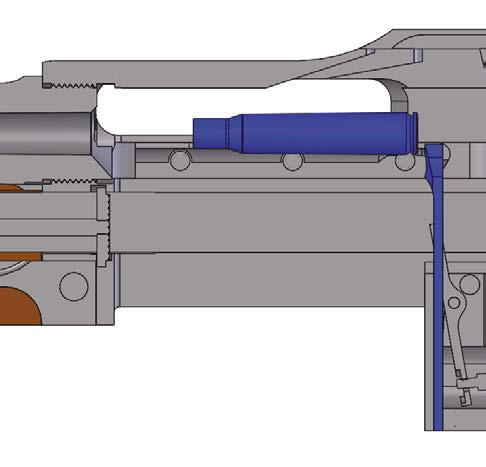 17. During rearward travel the empty cartridge case contacts the ejector, mounted in the trigger