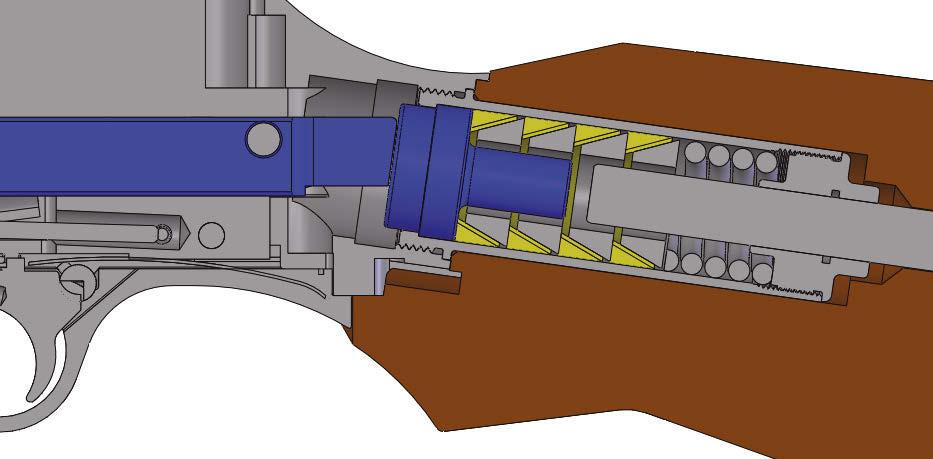 The slide travels to the rear until it is stopped by the buffer head and then returns forward under
