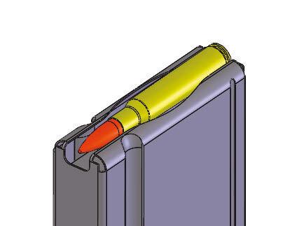 1. Place a cartridge on top of the feed lips in the center of the magazine with the nose pointing forward. 2.