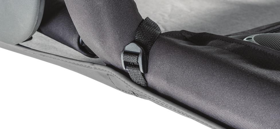 Locate the corner straps on the rear of the Bimini top and wrap the strap around the corner of the Sport Bar as shown in Fig 15 and 16. Thread the strap through the buckle and pull tight.