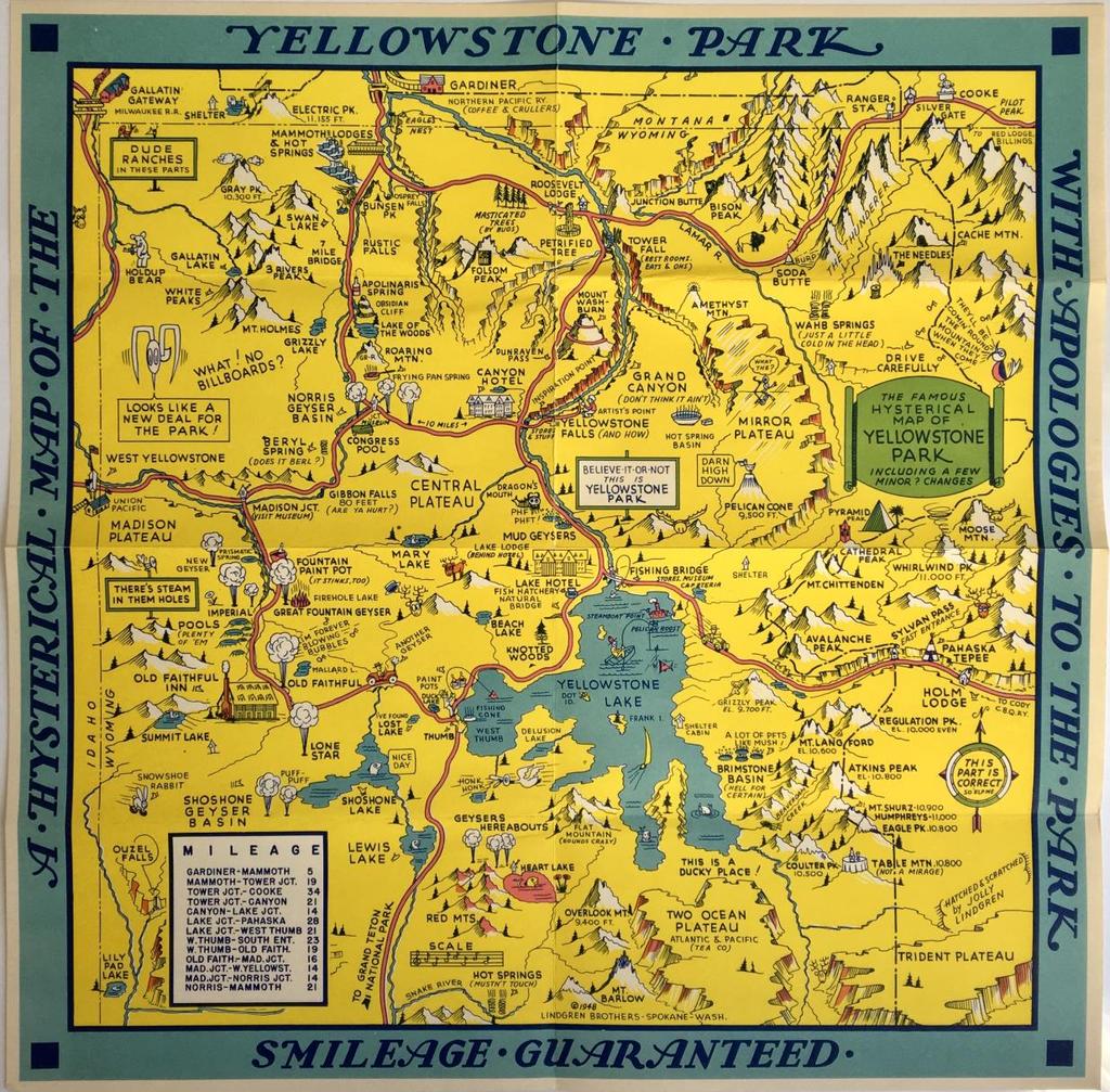 Pictorial Map of Yellowstone 9- Lindgren, Jolly. A Hysterical Map of the Yellowstone Park. Spokane, WA: Lindgren Brothers, 1948. Pictorial color map [41 cm x 40.5 cm] Near fine.