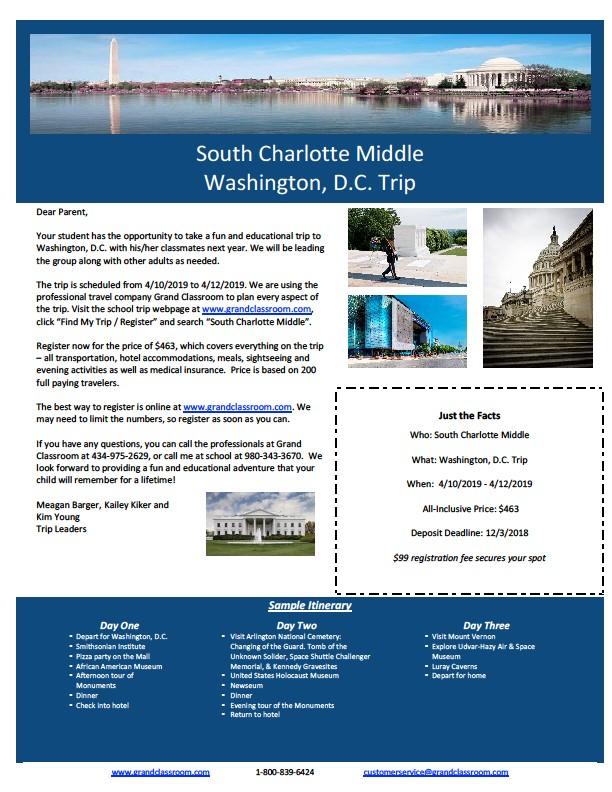 Attention parents of 8th grade students: if you are interested in chaperoning for the 8th grade trip to Washington DC, please complete the form at https://tinyurl.com/ scmschaperone2018.