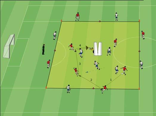 Shooting at the Goal 4 + 4 v 4 + 4 with back-to-back goals In the center of a square/rectangle (44 x 44 y ards) two large goals with goalkeepers are set up back to back.