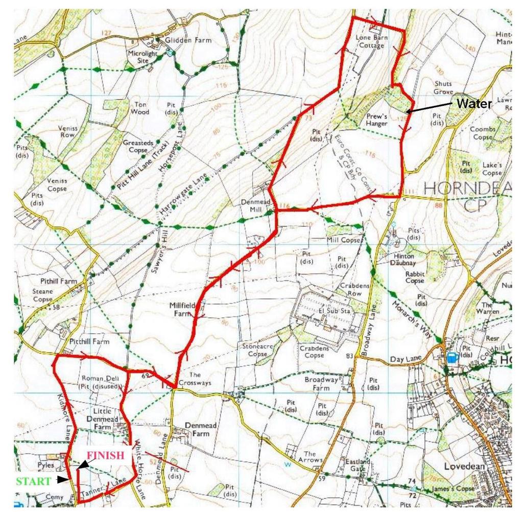 Course Description The course is around the quiet country lanes to the north of Denmead (see map).