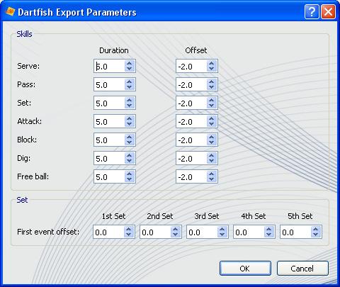 DARTFISH VOLLEY Before saving the file it is possible to set some important synchronization parameters, such as: - duration of each skill - offset between time recorded and time assigned to any hit -