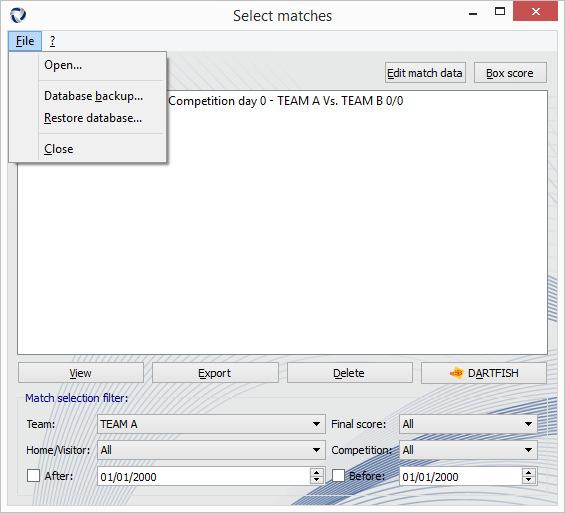 Using TIEBREAK for viewing statistics In the match selection window choose Export after selecting one or more matches you wish to export, and you will be prompted to name a file for the data do be