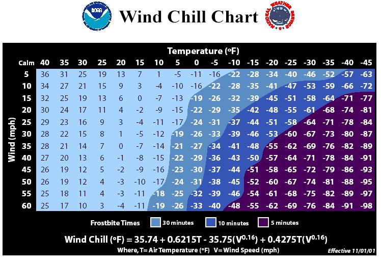 Assess Hazards continued Using the Wind Chill Temperature Table The wind chill index (see table below) gives the equivalent temperature of the cooling power of wind on exposed flesh.