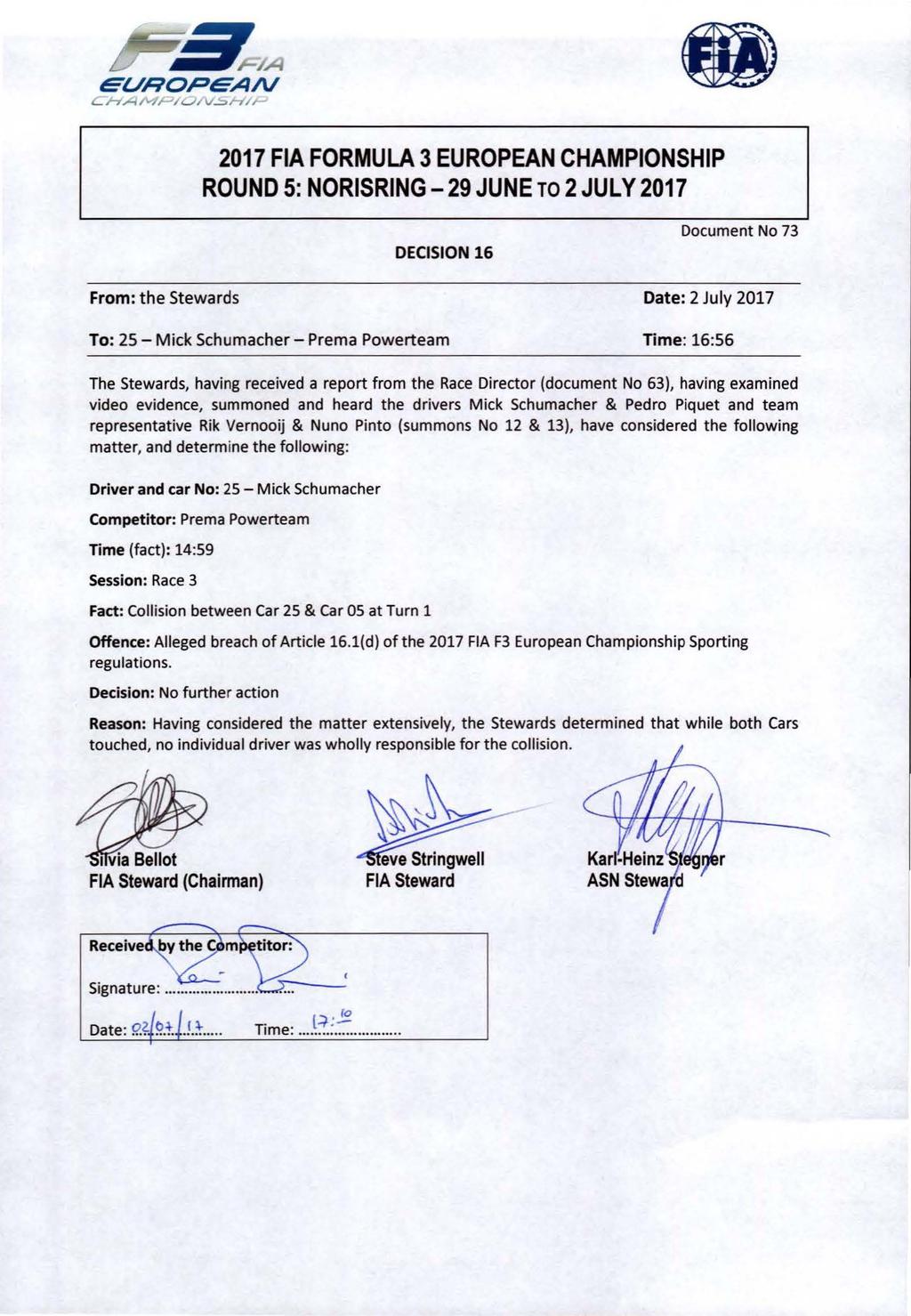 ROUND 5: NORISRING -29 JUNE TO 2 JUL Y 2017 DECISION 16 Document No 73 From: the Stewards Date: 2 July 2017 To: 25 - Mick Schumacher - Prema Powerteam Time: 16:56 The Stewards, having received a