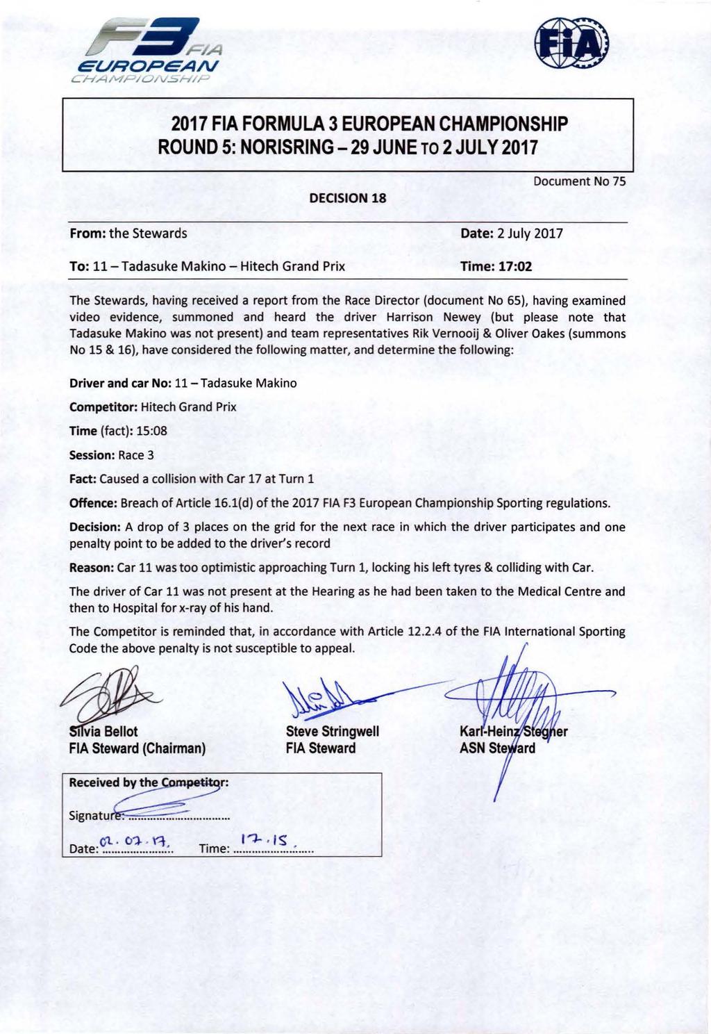 ROUND 5: NORISRING-29 JUNE TO 2 JUL Y 2017 DECISION 18 Document No 75 From: the Stewards Date: 2 July 2017 To: 11-Tadasuke Makino - Hitech Grand Prix Time: 17:02 The Stewards, having received a