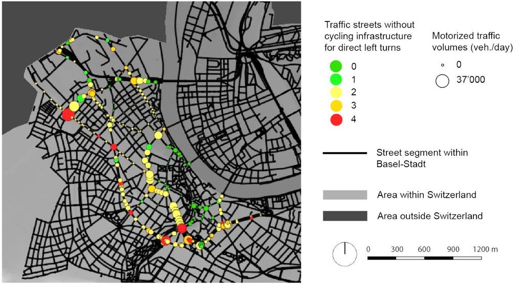 4.2 Cycling quality of intersections The cycling quality of intersections is calculated based on turn costs, according to the method described in 3.4. Due to the complexity of the method, a visualization of all relevant attributes simultaneously is not possible.