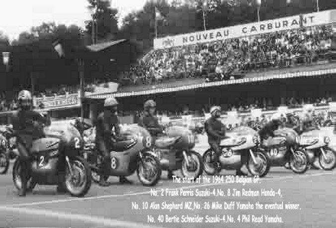 The start of the 1964 Belgian Grand Prix. No.2 Frank Perris Suzuki. No.8 Jim Redman Honda four. No.10 Alan Sheperd MZ.