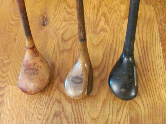 (BWH) COLLECTION, Part 1 Date; Nov. 23 rd, 2014 WOO SHAFTED CLUBS WOODS 1. Burke (LH) #54 brassie, with a brass one piece sole plate and back weight, orig. shaft and grip, circa 1920, good condition.