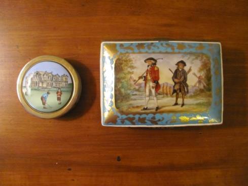 Fine China hand painted and stenciled, Dresden Jewelry box, circa 1945, depicting the Blackheath Golfer and his