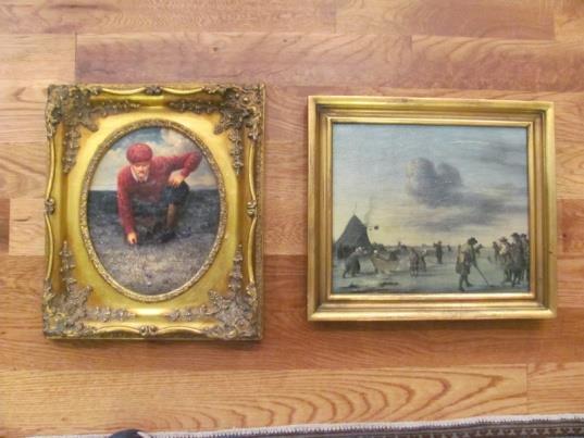 69. Reproduction artwork on canvas, 1700 s Dutch scene of Kilted figures playing Golf, by Adriaen van d Velde (1668), overall size 14 ½ x 12 ½, in vg condition.