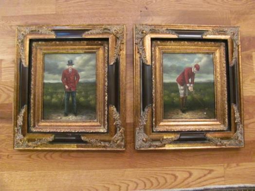 Oil painting on canvas mounted to board, of a Gentleman golfer in a red coat and top hat, with a club and ball, the period of the image appears to be late 1800 s.