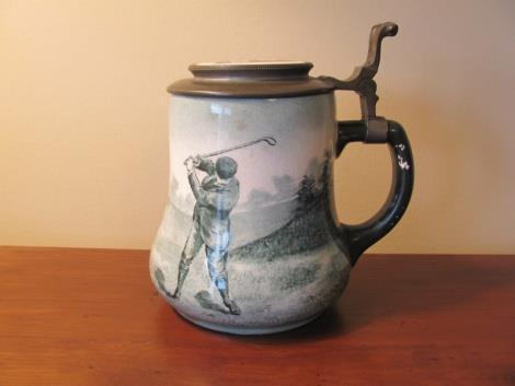 Golf Weathervane Cast Iron, painted, (4 long x 2 tall) with a golfer swinging a club, with his caddie and tee sand box, a unique golf item circa 1915, needs