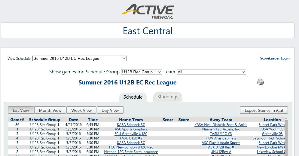GAME SCHEDULE & STANDINGS Select your team schedule by using the Team
