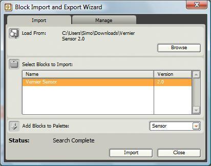 Joonis 23. NXT 2.0 Programming uue ploki importimise aken pärast Vernier anduriploki 2.0 selekteerimist.