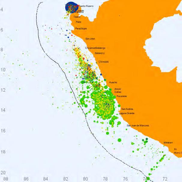 Fishing areas of the main species of Billfishes in the Peruvian sea, 1997-2016 General distribution of catches Distribution of catches by species Puerto Pizarro Talara Paita Parachique