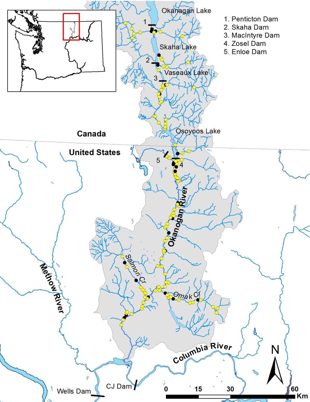 Figure 1. Study area, the Okanogan subbasin in north-central Washington State and southern British Columbia.