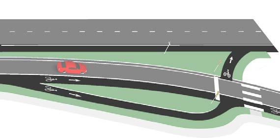 The entrance and exit lanes typically have intrinsic visibility problems because of low approach angles and feature high speed differentials between bicyclists and motor vehicles.