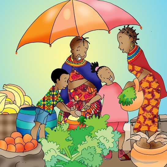 On another day, the children went to the marketplace with Nyar-Kanyada. She had a stall selling vegetables, sugar and soap.