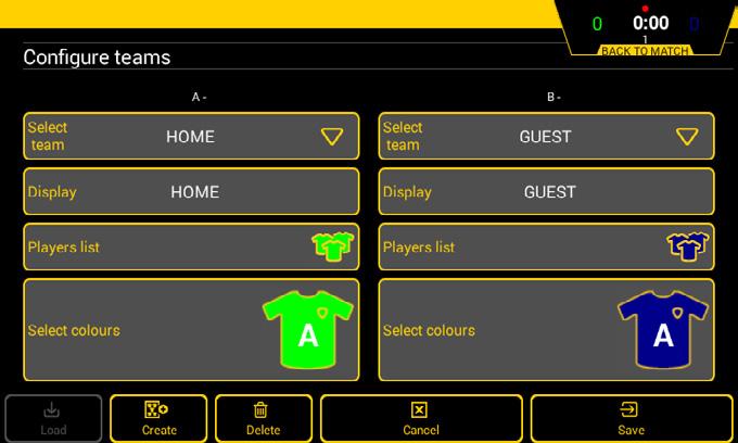 1. Futsal 1) Select on the home screen. 2) Select a configuration from the list: FUTSAL 2x20 min FUTSAL 2x15 min FUTSAL 2x8 min Configurations identified by can only be edited with the club code.