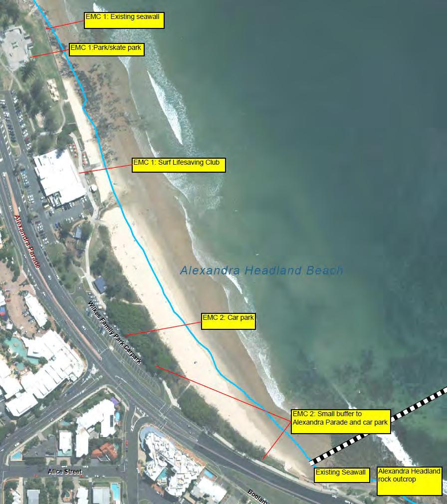 Figure 6.11: Annotated air photo showing the erosion management considerations for Alexandra Headland Beach Figure 6.