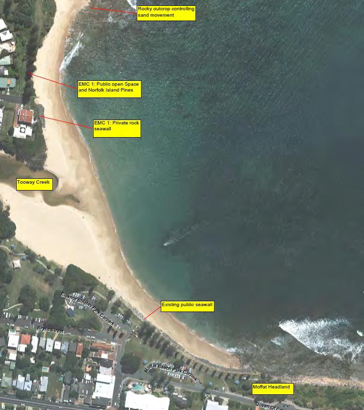 Figure 6.22: Annotated air photo of Moffat Beach showing the listed erosion management considerations Table 6.