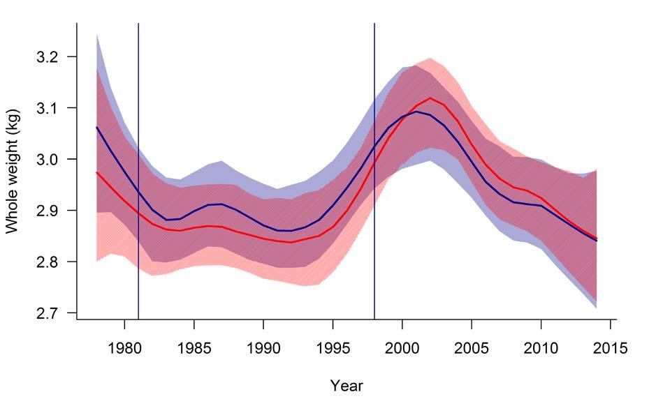 27 ICES WGNAS REPORT 215 Figure 5.1.3.1 Trends in whole weight (kg) for maiden 1 SW fish of North American origin (red) and European origin (blue) over the sampling period (1978 214).