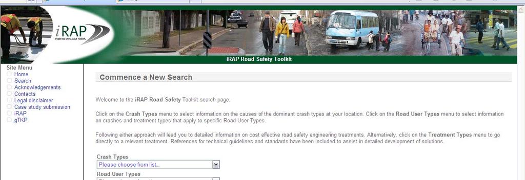 The Toolkit allows users to search for information on specific types of crashes, or road users using the search screen (see Figure 2).