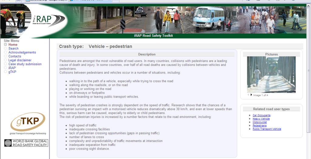 pedestrians public transport vehicles. When a crash type or road user type is selected, information is displayed about that specific issue (see Figure 3).