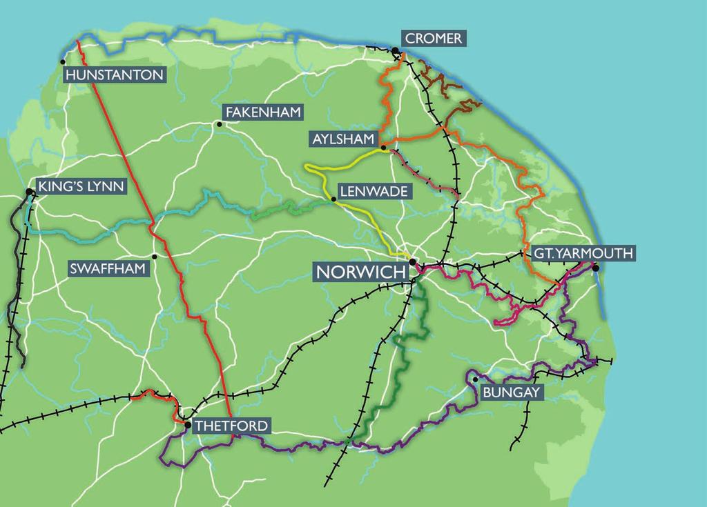 Norfolk Trails Network The Norfolk Trails network is a series of long distance footpaths across the county, varying in length from the shortest, the Little Ouse Path, through to the mammoth Norfolk