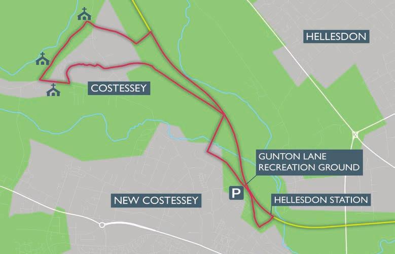 Costessey Distance: 5.5 miles This walk starts at Gunton Lane, NR5 0DQ. There are two car parks along Gunton Lane: one at Gunton Lane Recreation Ground, and one at the southern end of the road.