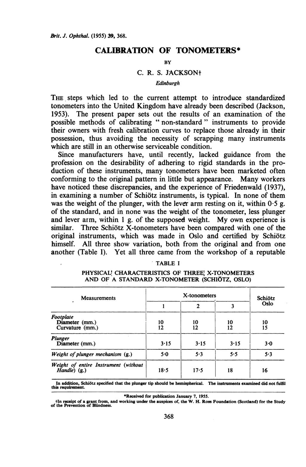 Brit. J. Ophthal. (1955) 39, 368. CALIBRATION OF TONOMETERS* BY C. R. S.