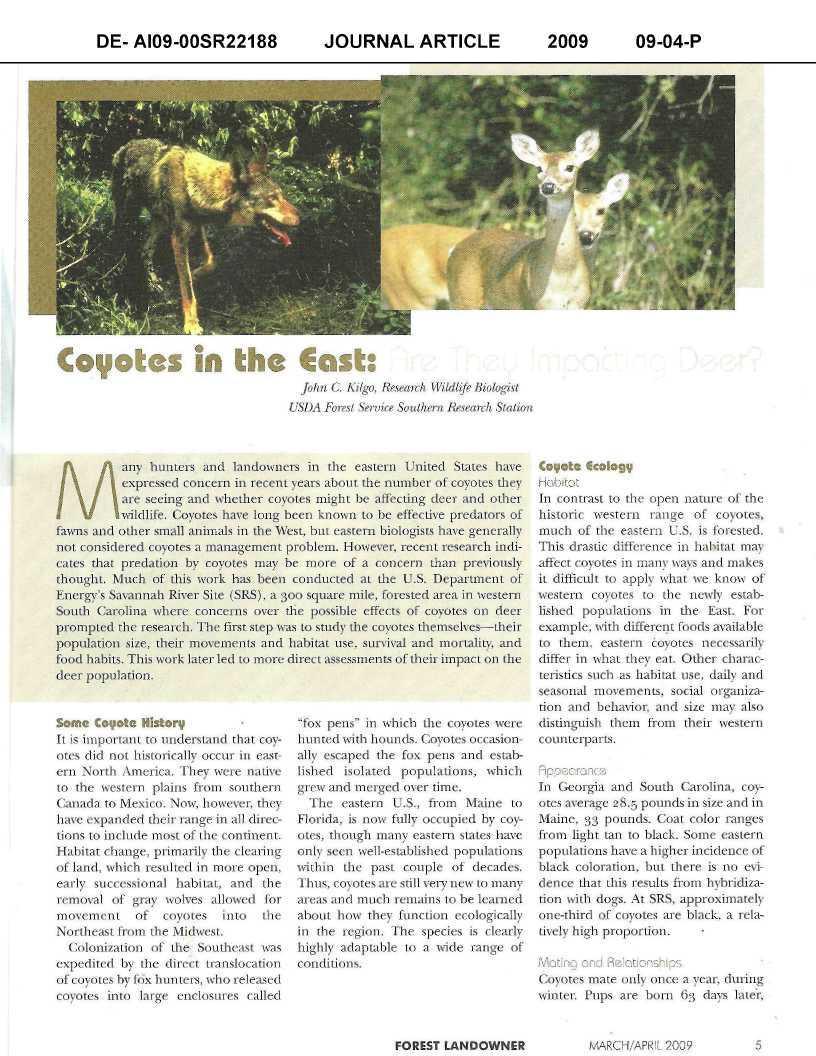 DE- AI09-00SR22188 JOURNAL ARTICLE 2009 09-04-P Coyotes in the Cosk: John C.