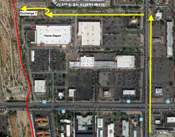 Exchange 6 to Exchange 7 ~ Centerpark Parking Lot (next to Home Depot) (Pantano Wash Path) 6 mile drive (5.53 mile run) ~ Drive North on Harrison Rd. Turn LEFT (west) onto Golf Links Rd.