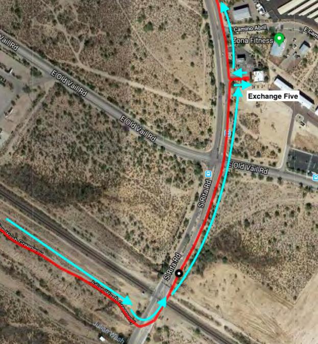 Runner Five will continue on the Julian Wash Greenway to Wilmot Rd, where they will have to cross the road, OBEYING ALL TRAFFIC LAWS.