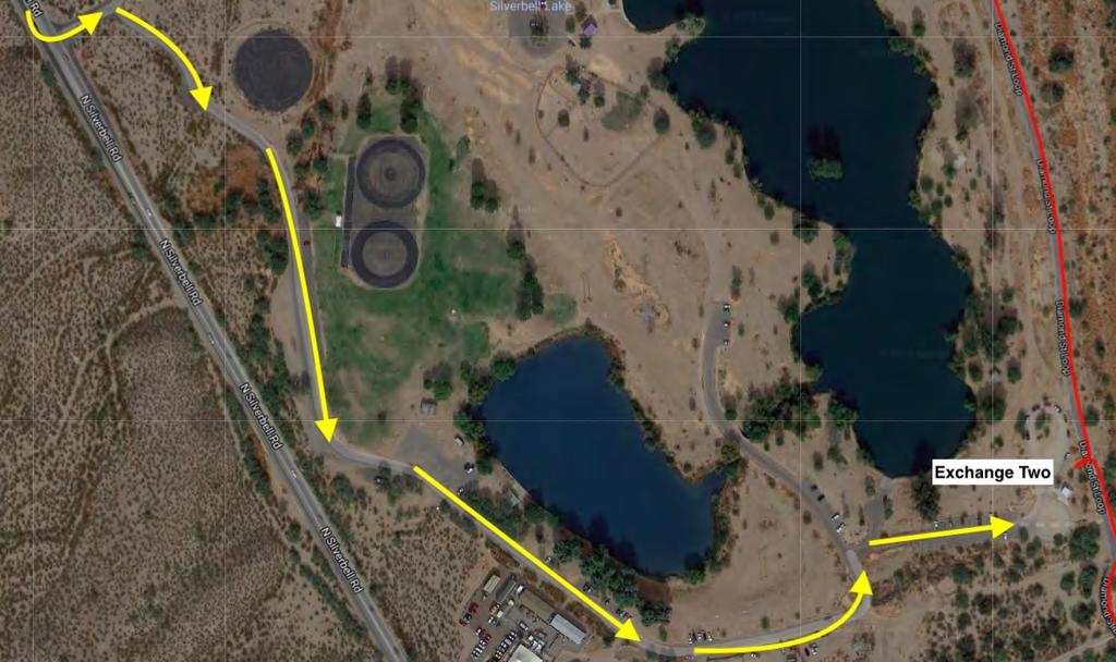 Exchange 1 to Exchange 2 ~ Christopher Columbus Park (Silverbell Lake) 4300 N. Silverbell Rd 3.1 miles to drive (5.25 mile run) ~ Head east on Curtis Rd. to La Cholla Blvd.