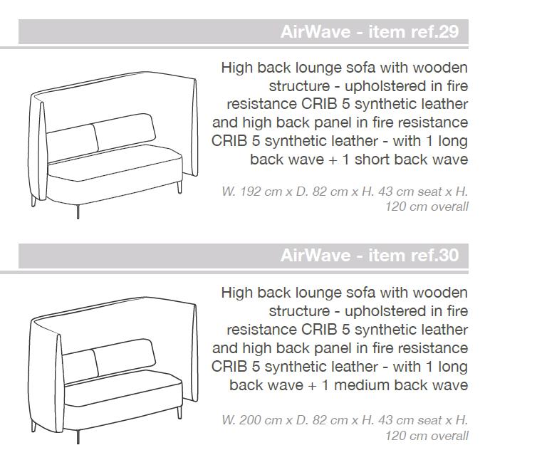 High wave lounge sofa with legs 1 long side wave 1 short side wave W. 192 cm x D. 83 cm x H. 43 cm seat x H.