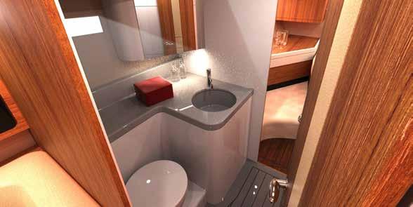 12 The forward super cabin with its comfortable full queen size double berth, lavish design details, natural light from large skylight and glass
