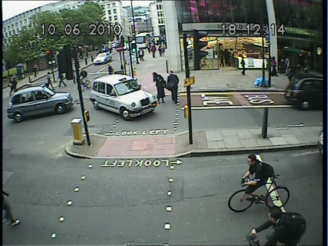 Number of conflicts Conflict Level 4. The pedestrian started to cross during the green man period. The silver taxi was stationary in a previously formed queue.