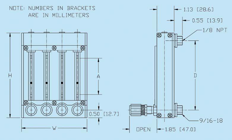 Note: To obtain millimeters multiply inch dimensions by 2.54. SPECIFICATIONS STANDARD ACCURACY ±2% FS mm scales except 042 and 032 flow tubes. ±5% FS direct reading scales and 042 and 032 flow tubes.