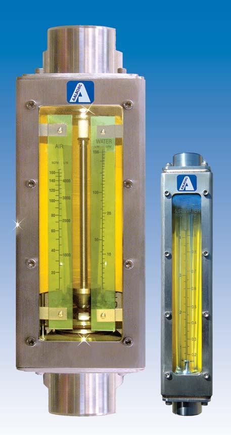 M STAINLESS INDUSTRIAL FLOW METERS design features Heavy duty stainless steel. Thick polycarbonate safety shields. Fluted or plain tapered tubes. Direct reading metric and English system scales.