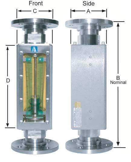 ORDERING INFORMATION STAINLESS INDUSTRIAL FLOW METERS M DIMENSIONS FOR IN-LINE M STYLE METERS NPT (F) A B C D ½" 2 9.54 2.25 8.04 1" 3.5 13.69 3.75 10.50 2" 5 15.59 5.25 11.